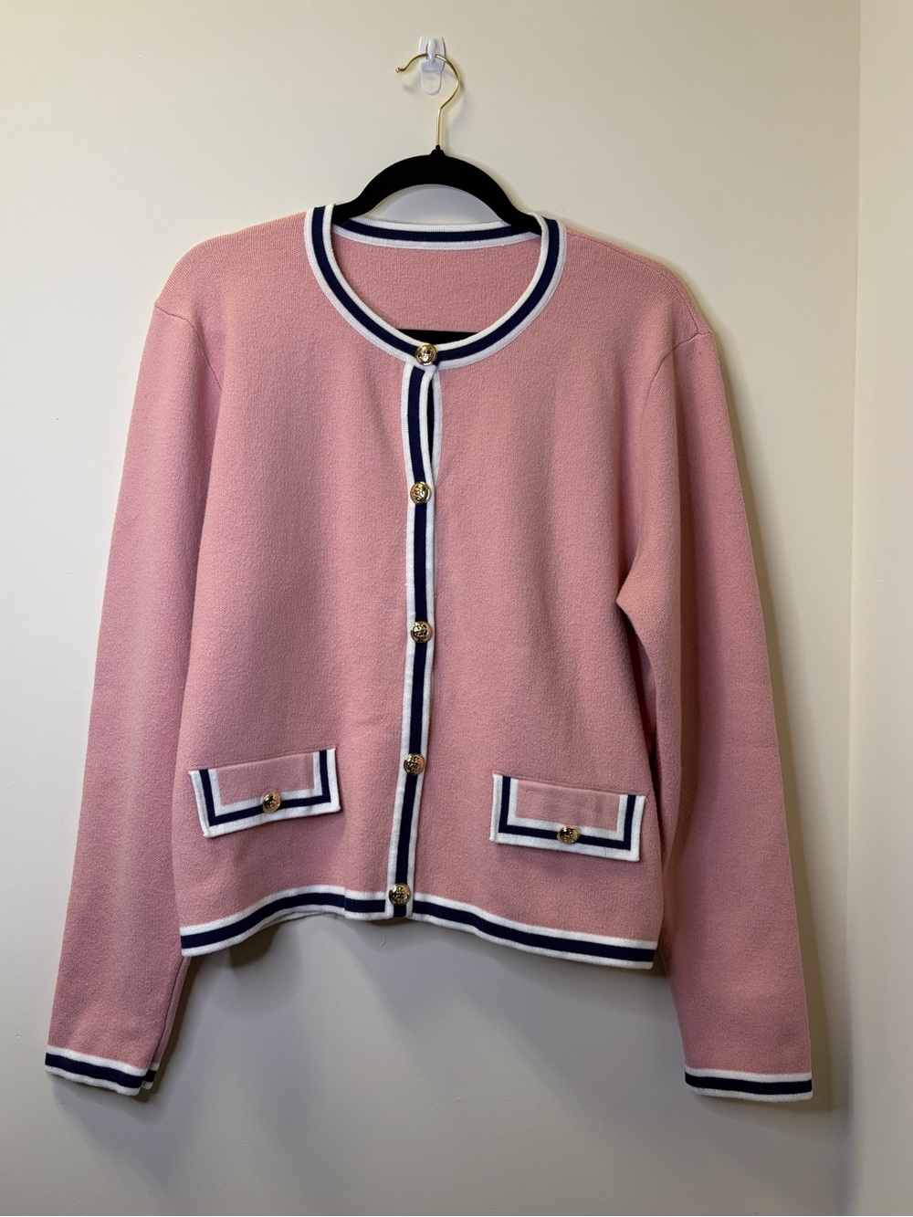 Pink Knit Cardigan with Navy and White Striped Trim XL